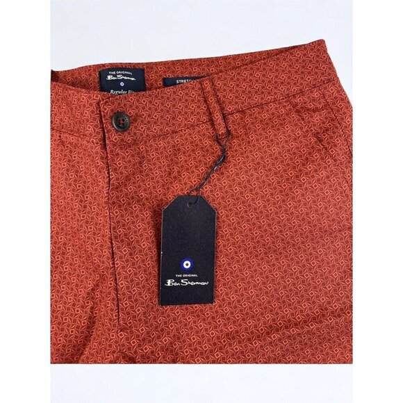 Ben Sherman Red Rust Casual Chino Shorts Regular  Fit Geometric Print NEW 32 - Picture 6 of 8